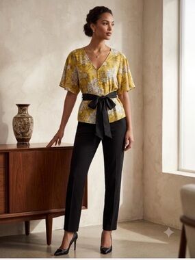 Floral V-Neck Flutter Sleeve Wrap Top in Yellow Large